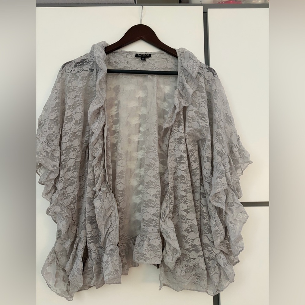 Topshop Light Gray Lace Ruffle Zipped Shrug